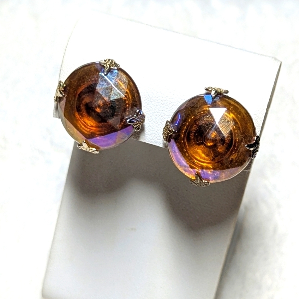 Vintage Vogue Amber Carnival Glass Button Clip Earrings